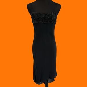 00's vintage black 100% silk beaded y2k asymmetrical dress Size 3/4 express